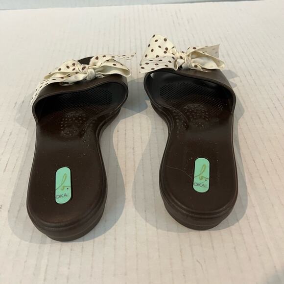 Oka B Okabashi Madison Brown Slides Cream Polkadot Bow FlipFlop Sandal M - Picture 4 of 11